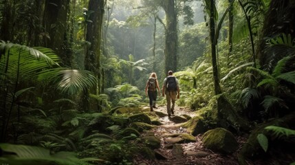 Expedition through a dense and exotic jungle, with explorers traversing treacherous terrain, encountering wildlife, and uncovering ancient civilizations