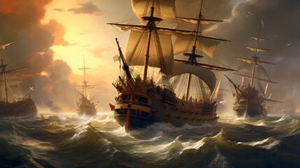 Intense naval battle scene between rival pirate ships, with cannons firing, sails billowing, and pirates swinging from ropes in a clash for supremacy