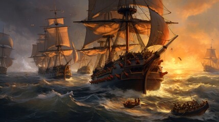 Obraz premium Intense naval battle scene between rival pirate ships, with cannons firing, sails billowing, and pirates swinging from ropes in a clash for supremacy