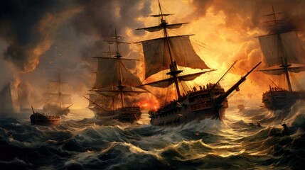 Obraz premium Intense naval battle scene between rival pirate ships, with cannons firing, sails billowing, and pirates swinging from ropes in a clash for supremacy