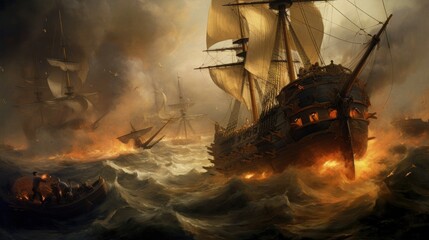 Intense naval battle scene between rival pirate ships, with cannons firing, sails billowing, and pirates swinging from ropes in a clash for supremacy