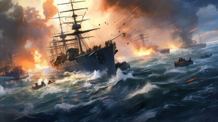 Obraz premium Intense naval battle scene between rival pirate ships, with cannons firing, sails billowing, and pirates swinging from ropes in a clash for supremacy