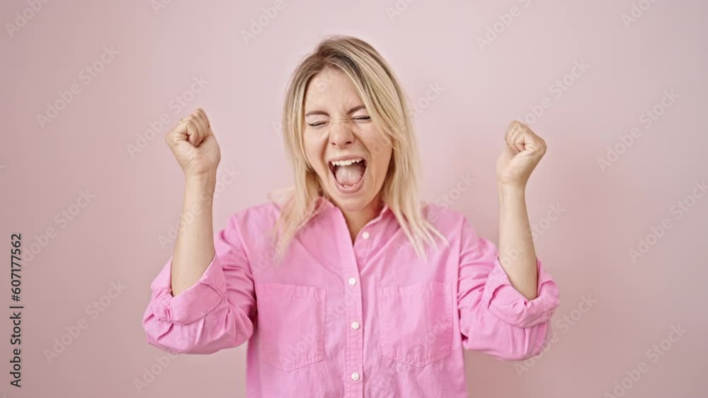 Sticker young blonde woman pointing herself celebrating over isolated pink background