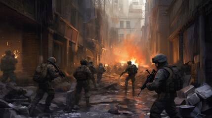 Obraz premium Depict an intense infantry assault scene, with soldiers advancing through a war - torn urban environment, facing enemy resistance, and utilizing cover and teamwork
