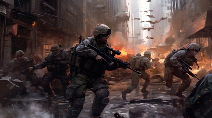 Fototapeta na wymiar Depict an intense infantry assault scene, with soldiers advancing through a war - torn urban environment, facing enemy resistance, and utilizing cover and teamwork