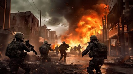 Fototapeta premium Depict an intense infantry assault scene, with soldiers advancing through a war - torn urban environment, facing enemy resistance, and utilizing cover and teamwork