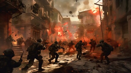 Fototapeta na wymiar Depict an intense infantry assault scene, with soldiers advancing through a war - torn urban environment, facing enemy resistance, and utilizing cover and teamwork