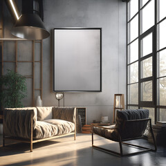 a mockup of an empty, blank poster, frame, in a Industrial Living Room with a Brutalist architectural style