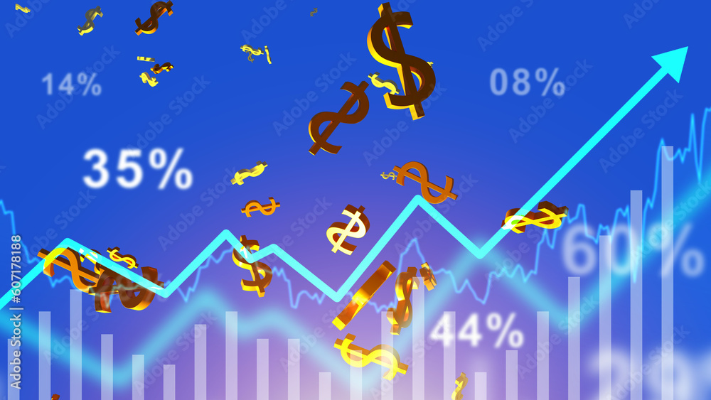 Poster Financial background. Investment chart. Wallpaper with quotes for investor. Growth in investment income. Arrow arrived on blue. Economic background. Financial market charts. 3d image