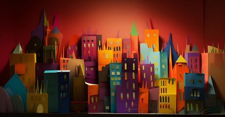 Cartoon-inspired, surrealistic scene of a city skyline