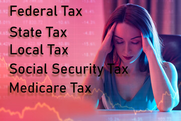 High taxes. Businesswoman is sad. Woman clutching her head. Problems due to high taxes. Financial...