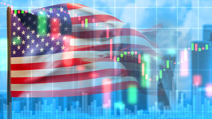 USA flag. Flag of America with fluctuating graph. Financial crisis quotes. Fall of USA economy. Crisis of financial system in united states. Falling US federal reserve rate. USA economy. 3d image - obrazy, fototapety, plakaty
