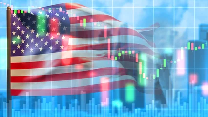 Foto op Aluminium USA flag. Flag of America with fluctuating graph. Financial crisis quotes. Fall of USA economy. Crisis of financial system in united states. Falling US federal reserve rate. USA economy. 3d image © Grispb