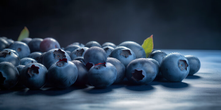Fresh Blueberries, Vibrant Lighting, Blank Blue Background, Wide Aspect Ratio, Studio Product Photography