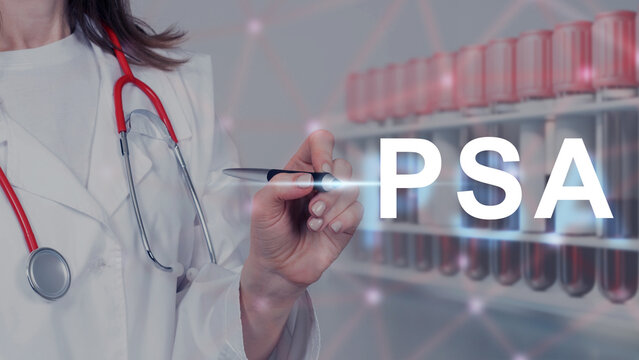 PSA disease. Doctor with name of disease. Hematological tumor. Disease is psariasis. PSA logo near test tubes with blood. Nurse in bathrobe recommends examination. Treatment of PSA symptoms