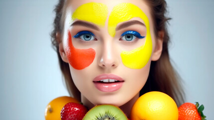 young woman with colorful makeup posing with banana, apple, orange and kiwi. female face decorated with creative bright patterns. Generative Ai. 