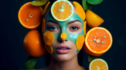 close-up of a young beautiful woman in a mask with oranges and lemons on her face. Generative Ai. 