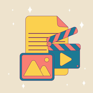 A video clip with paper sheet, play icon. Vector illustration, graphic design.