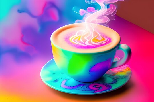 Magic neon watercolor latte art, intricate design, steam rising from cup, bokeh - generative ai