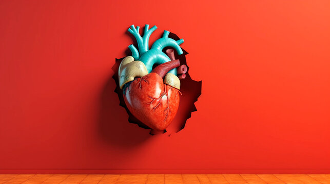 anatomy, 3D model of the heart on a red background. Generative Ai. 