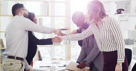 Teamwork, handshake and happy business people with client for partnership, deal agreement and thank you. Collaboration, corporate meeting and men and women shaking hands for b2b success in office