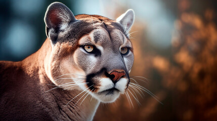 Puma in profile on a blurred background close-up. Generative Ai. 