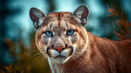 puma walks in the forest, looks at the camera, close-up. Generative Ai. 

