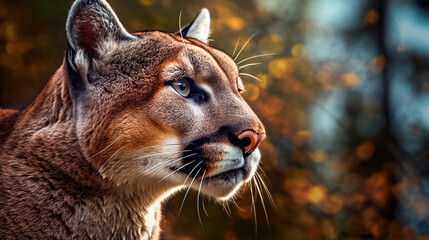 Cougar in the forest watching prey, profile view. Generative Ai. 