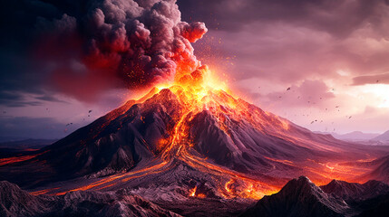 the active phase of the volcanic eruption, the top is covered with red-hot lava flowing down. gas and dust rise into the sky. Generative Ai.  - obrazy, fototapety, plakaty