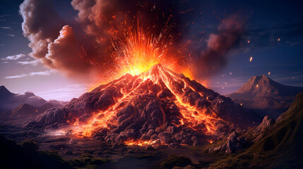 active volcanic eruption with the release of lava ash gas and rock fragments. Generative Ai. 