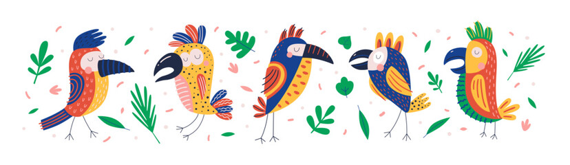 Set of cute cartoon parrots, vector illustration. Funny wild jungle bird. Ideal for children`s textiles, postcards, books, decorating children`s rooms.