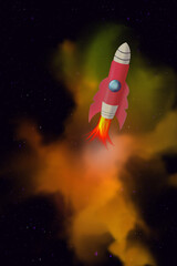 Rocket in space. Fantastic red cartoon rocket with bursting fire against an orange cloud of nebulas in outer space. Illustration of the flight of a spaceship in endless mesmerizing space.