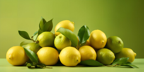 Vibrant Yellow and Green Lemons Group, Brightly Lit, Pale Green Backdrop, Wide Aspect Ratio, Studio Shot