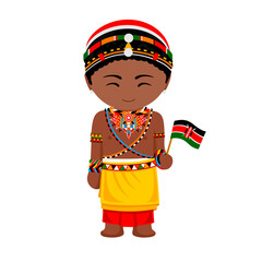 Man in Kenya national costume. Male cartoon character in Samburu traditional ethnic clothes holding flag. Flat isolated illustration.