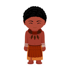 Man in Himba tribe costume. Male cartoon character in traditional ethnic clothes holding flag. Flat isolated illustration.