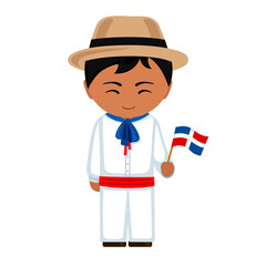 Man in national costume. Male cartoon character in traditional ethnic clothes holding flag. Flat isolated illustration.