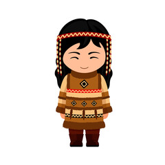 Woman in  national costume. Female cartoon character in traditional ethnic clothes. Flat isolated illustration. 