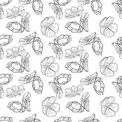 Abstract seamless pattern with flowers. Beautiful blossoming hand drawn flower on white background. Line art wallpaper. Vector stock illustration
