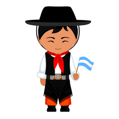 Man in national costume. Male cartoon character in traditional ethnic clothes holding flag. Flat isolated illustration.