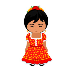 Woman in  national costume. Female cartoon character in traditional ethnic clothes. Flat isolated illustration. 