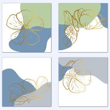 Set of abstract botanical wall art vector illustration. Collection of natural flowers and organic shapes on spoty background. Design suitable for wallpaper, home decor, cover, card, poster, banner.