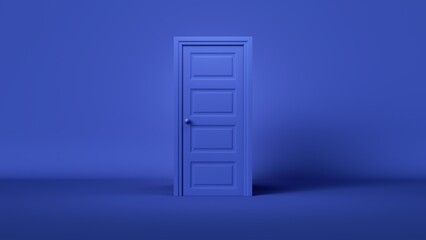 3d render. Abstract minimalist wallpaper. Closed blue door isolated on blue background