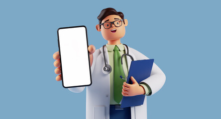 3d rendering, cute doctor cartoon character wears white coat and glasses, open mouth, shows smart phone with empty screen. Online consultation. Healthcare application concept