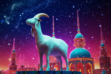 Naklejka premium Eid ul-azha Celebration a whimsical cute goat islamic festival background - generative ai