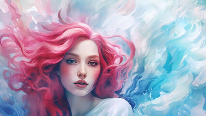 Mythical elemental princess of fiery fire, nature spirit with glowing summer sun skin and rosy cheeks, beautiful flowing red ethereal hair - generative AI