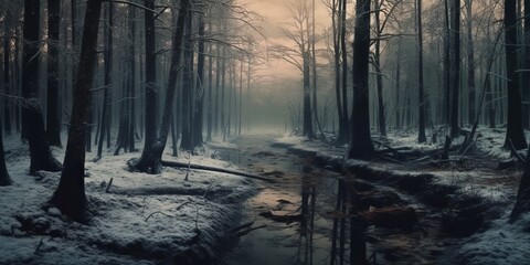 Fototapeta na wymiar Winter luminous trails through snowy forest, generative AI