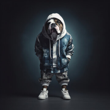 Adorable bulldog in a red hoodie, playful crouch pose, and endearing expression. Ideal for animal lovers and pet owners. AI Generative image.