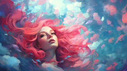 Obraz na płótnie Canvas Mythical elemental princess of fiery fire, nature spirit with glowing summer sun skin and rosy cheeks, beautiful flowing red ethereal hair - generative AI