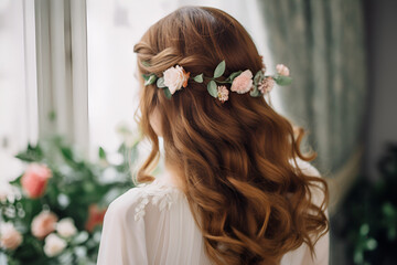 A Brown Wavy Hair Bride with Flower Crown Stands With Her Back, Wedding Hairstyle of European Women: AI Generated Image - obrazy, fototapety, plakaty