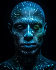 A mans face painted with bioluminescent pigment